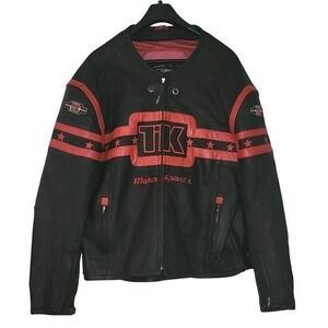 Teknic Motorsports Leather Motorcycle Jacket Red Star Accents Black Size 48